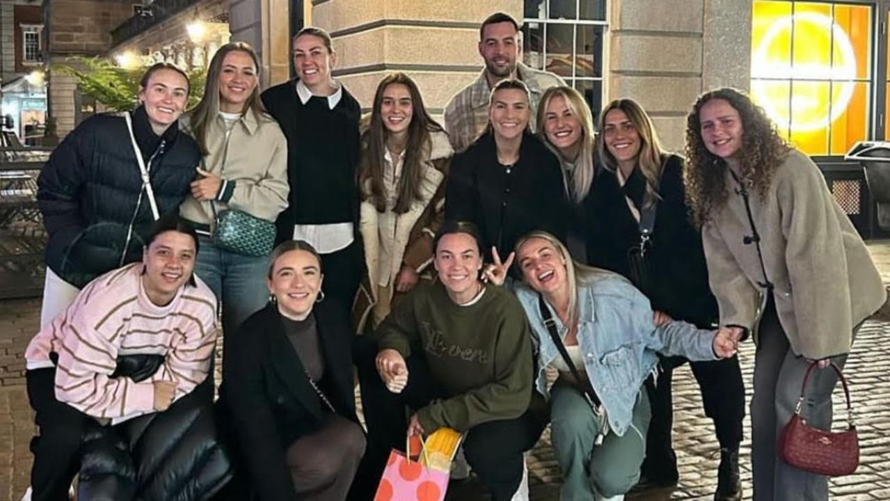 Sam Kerr, bottom left, and her fiancé, Kristi Mewis and her West Ham teammates in London, Convent Garden. This picture was posted on Instagram the same night Sam Kerr appeared in court in London on Monday