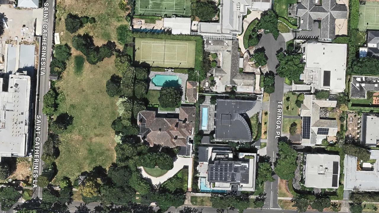 Aerial view of 16 St Georges Rd, Toorak the cleared 4257sq m block once home to Edwardian mansion Idylwilde, now tipped to sell for over $40m. Source: Apple Maps