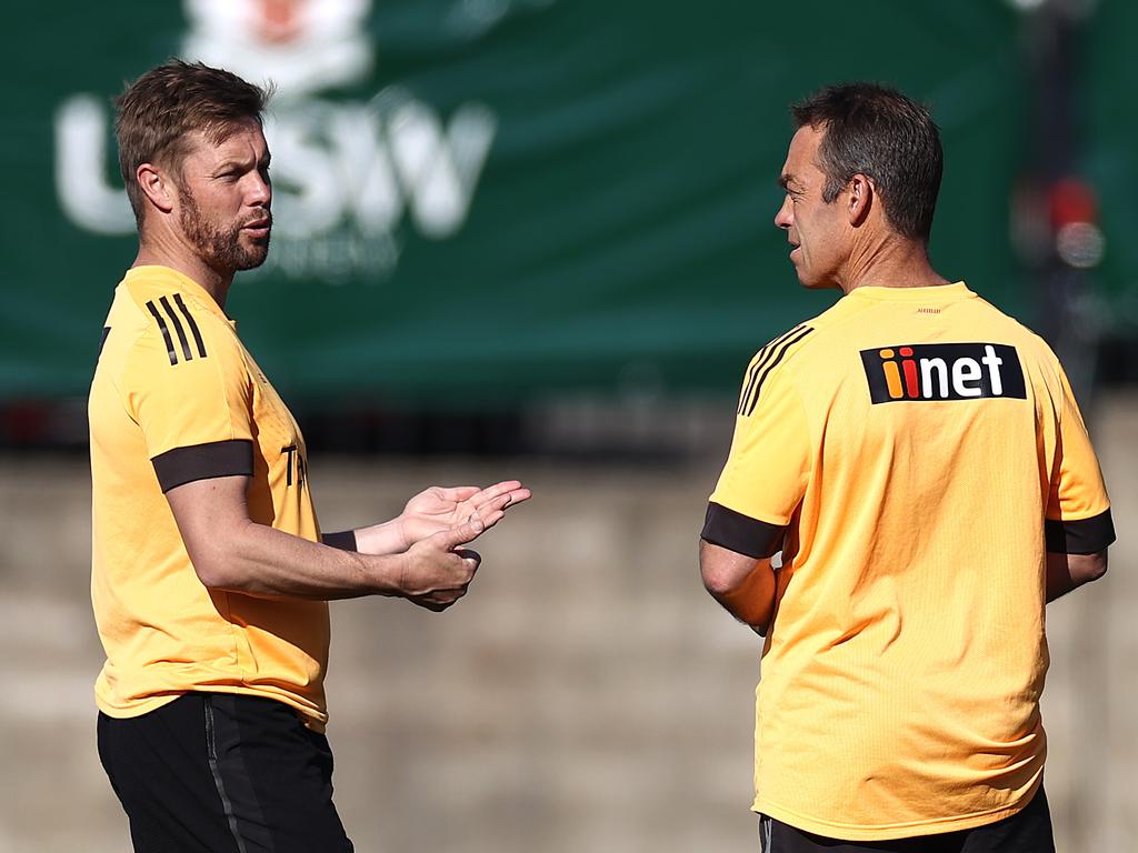 Alastair Clarkson and Sam Mitchell in July 2020 in Sydney. Picture: Ryan Pierse/Getty Images.