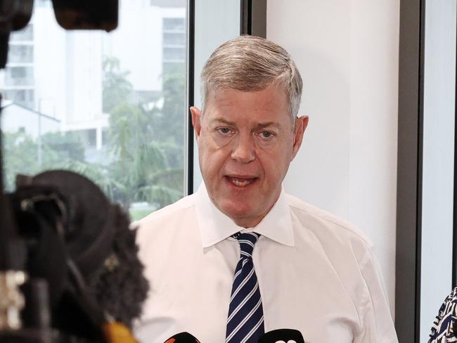 Queensland Health Minister Tim Nicholls hold a press conference at Cairns Hospital with Cairns and Hinterland Hospital and Health Service chief executive Leena Singh after the state government declared hormone therapies for new gender diverse patients under 18 years old will be paused at public health facilities while a review into the practice is conducted. Picture: Brendan Radke