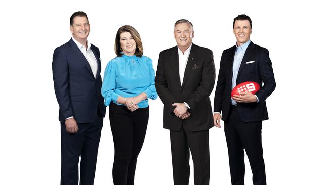 Ross Lyon, Caroline Wilson, Eddie McGuire and Matthew Lloyd as part of Footy Classified in 2020 Picture: CH9