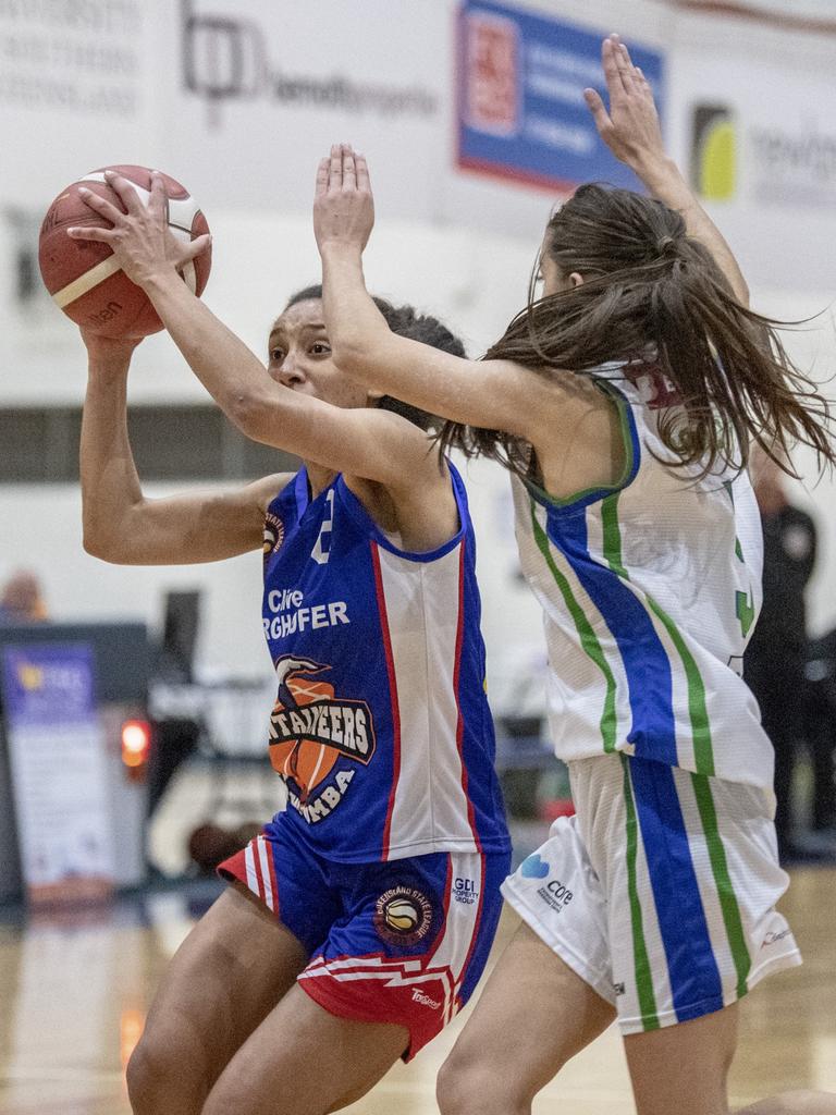 Jorga Bolton, Mountaineers. QSL basketball, Mountaineers vs Gold Coast Rollers. Friday, June 18, 2021. Picture: Nev Madsen.