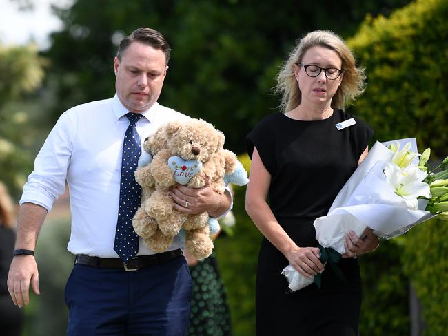 Brisbane Lord Mayor Adrian Schrinner (left) and Cr Fiona Cunningham (Coorparoo ward) arrive at the scene. Picture: AAP/Dan Peled