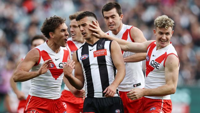 The Swans got stuck into Nick Daicos from the opening whistle on Sunday. Picture: Michael Klein