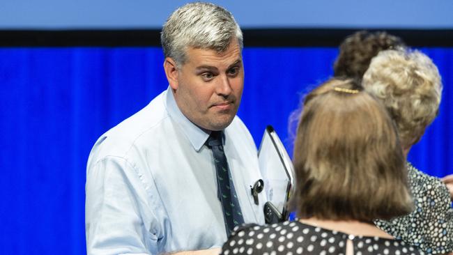 Police Minister Mark Ryan talks to an audience member after the Toowoomba Community Safety Forum at Empire Theatres. Picture: Kevin Farmer