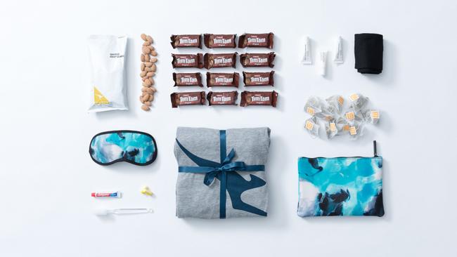 Qantas is turning its hand to gift delivery during the COVID crisis, offering packs of business class PJs and amenity kits from excess stock. Picture: Supplied.