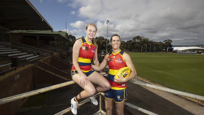 Adelaide Crows AFLW players Brooke Tonon and Chelsea Randall at the Crows new headquarters at Thebarton Oval. Picture: Simon Cross