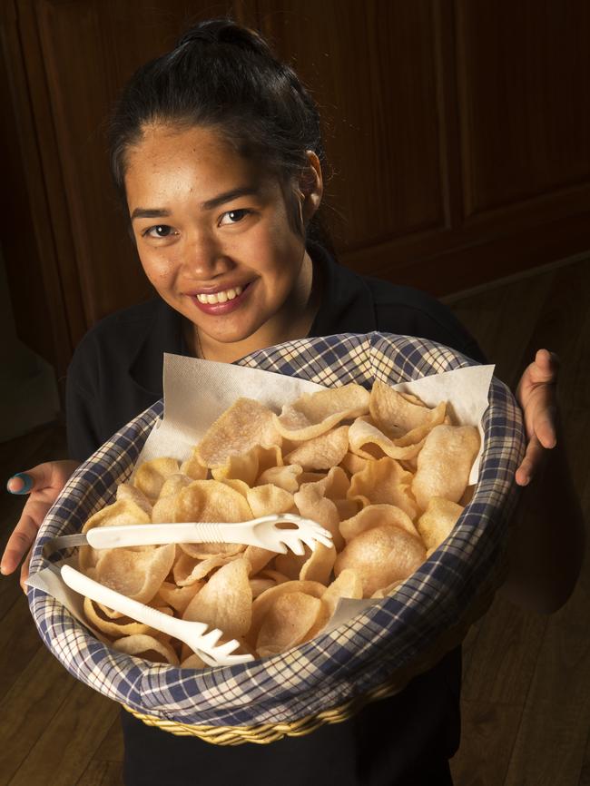 Sue Wong, from Toi Shan, with prawn crackers. Picture: ROB LEESON