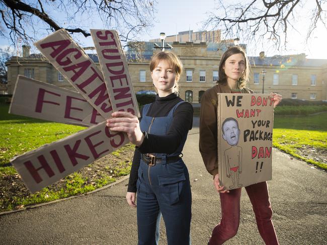 Miranda Bennett and Vita Rinaldi, representatives of the Tasmanian Student Action group.  Preview to the Tasmanian Student Action protesting against the proposed changes to university fees announced by the Federal Government.. Picture: RICHARD JUPE