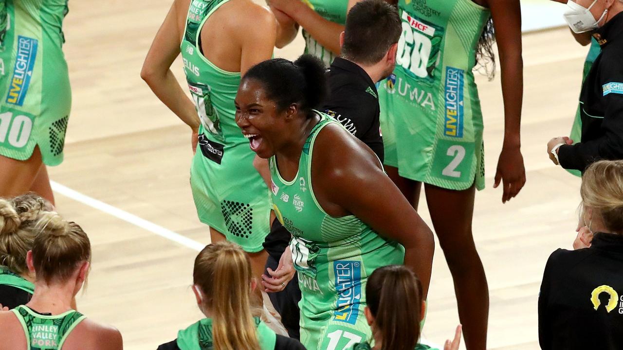 Jhaniele Fowler celebrates with teammates after the West Coast Fever booked a spot in the Super Netball grand final. Picture: Getty Images