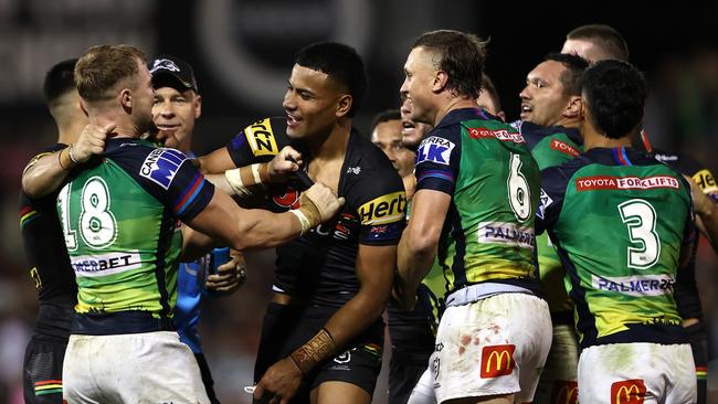 Tempers flare between Stephen Crichton and the Raiders. Picture: Matt Blyth/Getty Images