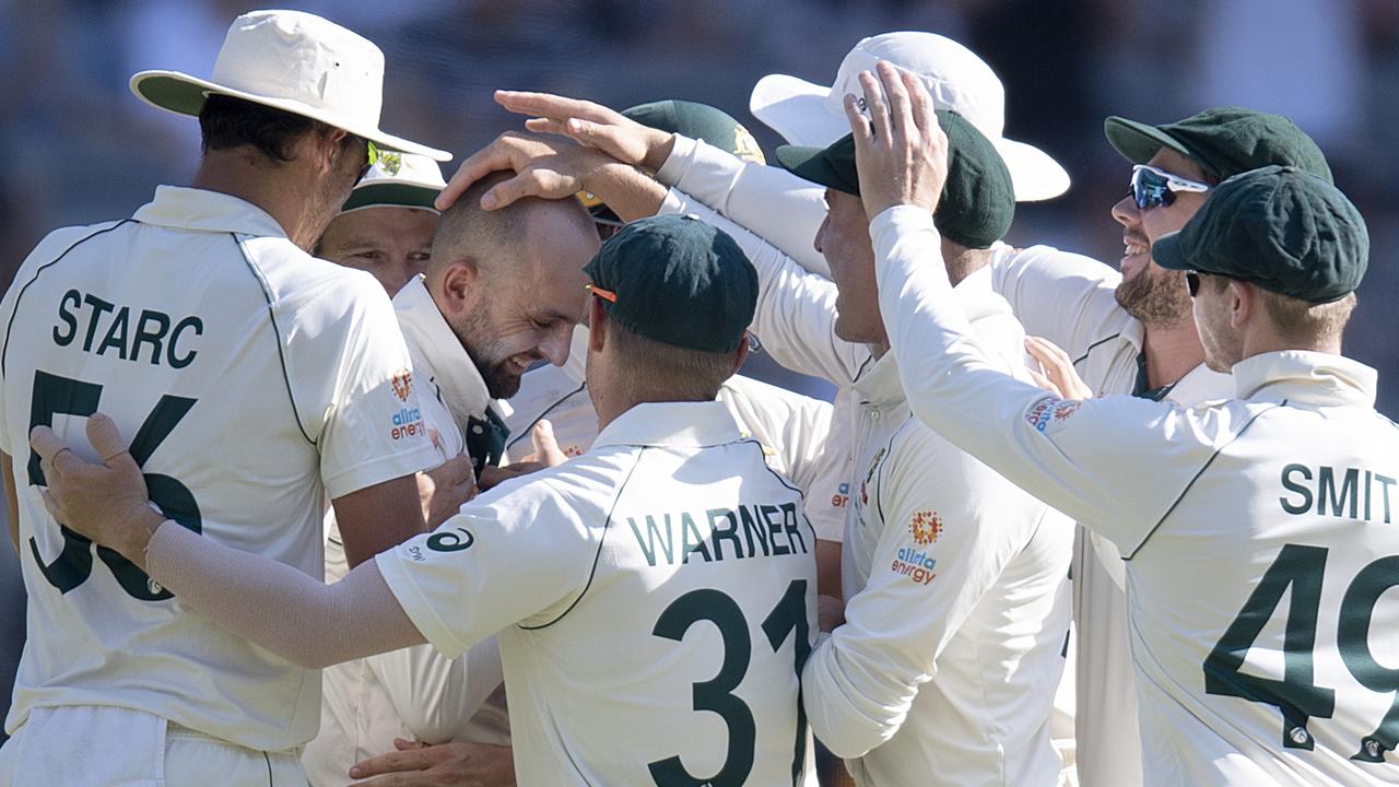 Nathan Lyon celebrates a wicket during the first Test against New Zealand at Optus Stadium in Perth in 2019.