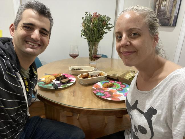 The food and the flowers came from local businesses. The hoodie comes from nine years of marriage.