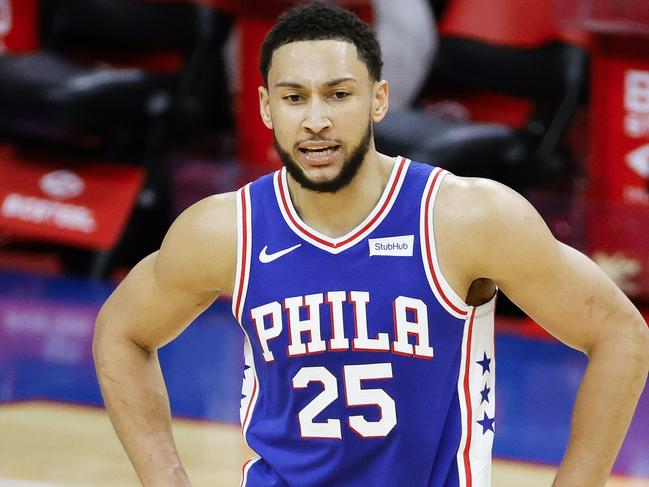 PHILADELPHIA, PENNSYLVANIA - MARCH 01: Ben Simmons #25 of the Philadelphia 76ers calls to teammates during the third quarter against the Indiana Pacers at Wells Fargo Center on March 01, 2021 in Philadelphia, Pennsylvania. NOTE TO USER: User expressly acknowledges and agrees that, by downloading and or using this photograph, User is consenting to the terms and conditions of the Getty Images License Agreement.   Tim Nwachukwu/Getty Images/AFP == FOR NEWSPAPERS, INTERNET, TELCOS & TELEVISION USE ONLY ==