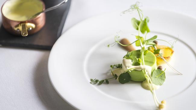 Pea bavarois, with chestnut and grilled pear. Picture: Eugene Hyland