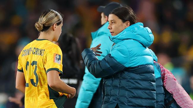 Sam Kerr talks to Kyra Cooney-Cross on the sideline. Picture: Cameron Spencer/Getty Images