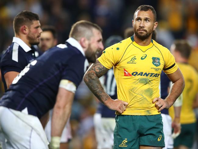 SYDNEY, AUSTRALIA - JUNE 17: Quade Cooper of the Wallabies looks on after losing the International Test match between the Australian Wallabies and Scotland at Allianz Stadium on June 17, 2017 in Sydney, Australia.  (Photo by Cameron Spencer/Getty Images)