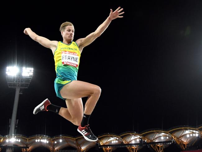 Henry Frayne of Australia in action before winning a silver medal win in the mens long jump final on day seven of competition at Carrara Stadium on the Gold Coast, Australia, Wednesday, April 11, 2018. (AAP Image/Dean Lewins) NO ARCHIVING, EDITORIAL USE ONLY