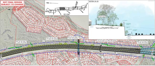 Plans for the Coomera Connector showing the alignment of the proposed road as it passes through Helensvale. Picture: TMR