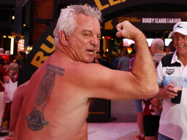 Sharks fan Scott Rae showing off his 2016 premiership tattoo at the Las Vegas Week Media Launch at the NRL Fan Hub at Resorts World. Picture: Jonathan Ng