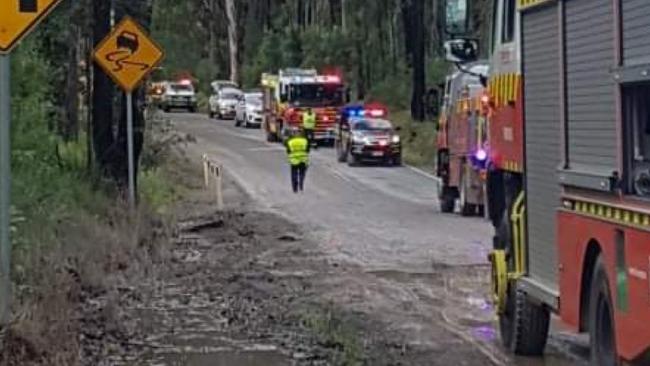 Fire and Rescue NSW crews respond to a fuel spill on Silverdale Rd after a tanker crashed. Picture: Janel Sefton