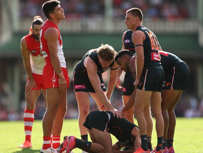 Toby Bedford was subbed out after a collision with Lewis Melican. Picture: Cameron Spencer/Getty Images
