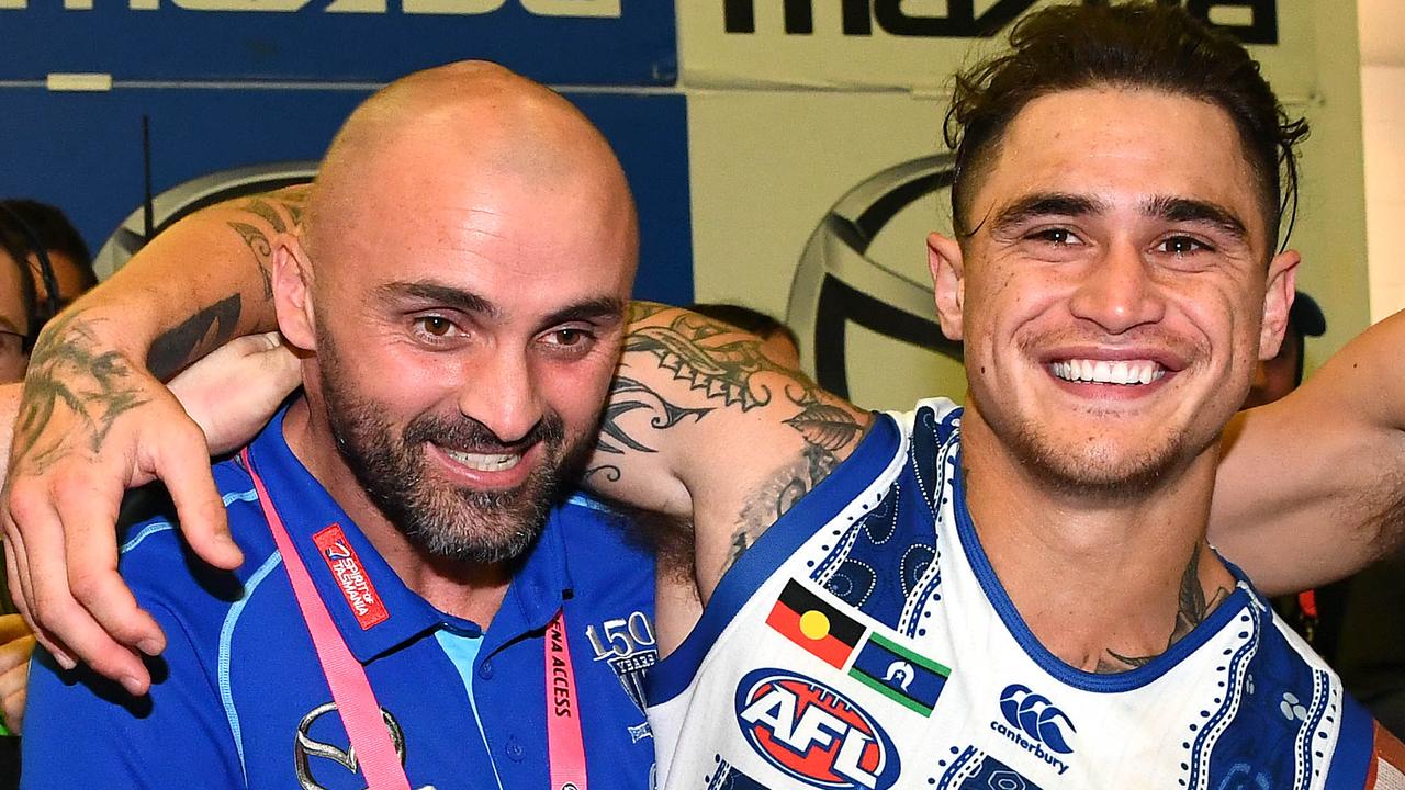 North Melbourne interim coach Rhyce Shaw with Marley Williams after Shaw’s first win in charge. (Photo by Quinn Rooney/Getty Images)
