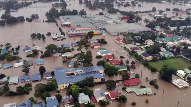 LISMORE, AUSTRALIA - NewsWire Photos FEBRUARY 28, 2022: An aerial image of Lismore in northern NSW shows extensive flooding as the region experiences the worst floods in a century. Picture: NCA NewsWire