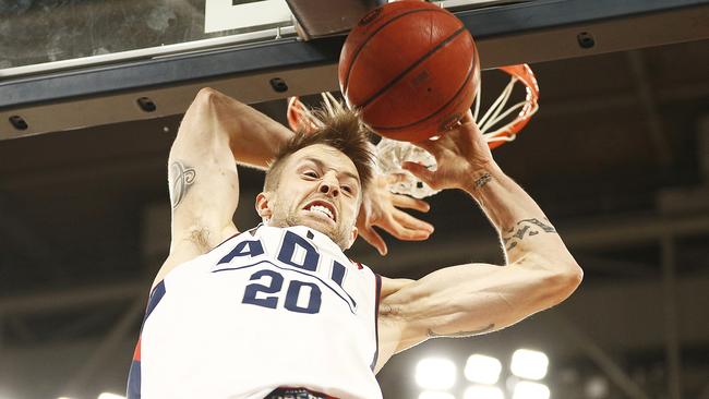 Nathan Sobey as an Adelaide 36er dunks during the Boxing Day clash with Melbourne United.