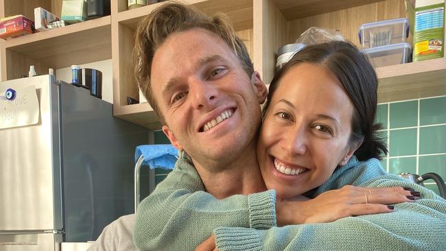 Geelong star Lachie Henderson and girlfriend Rebecca Klodinsky in AFL hub. Picture: Supplied