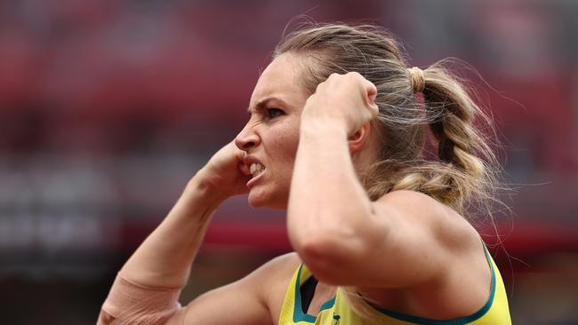 TOKYO, JAPAN – AUGUST 03: Kelsey-Lee Barber of Team Australia reacts while competing in the Women's Javelin Throw Qualification on day eleven of the Tokyo 2020 Olympic Games at Olympic Stadium on August 03, 2021 in Tokyo, Japan. (Photo by Ryan Pierse/Getty Images)