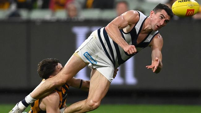 Mark O’Connor is tackled against Hawthorn. Picture: Getty Images