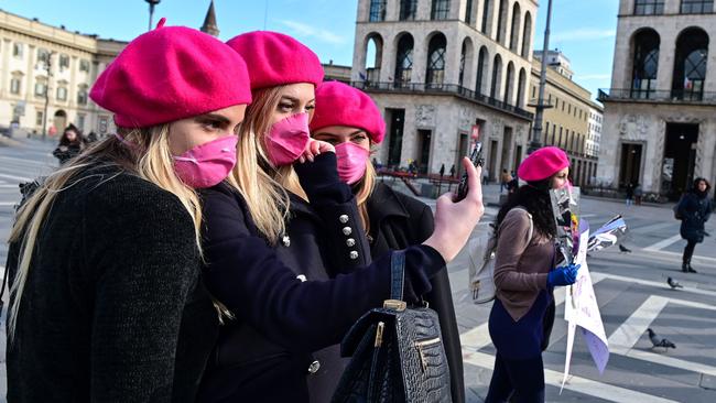 Women prepared for COVID-19 on International Women's Day in Milan. Picture: AFP