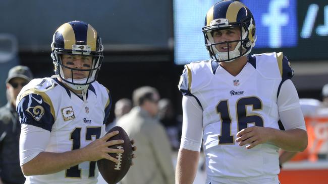 Los Angeles Rams quarterback Jared Goff (16) warms up before an