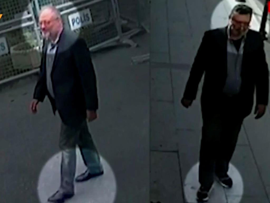 Jamal Khashoggi arriving at the Saudi Arabian consulate and a different man leaving with a fake beard and similar outfit to that worn by Khashoggi. Picture: AFP