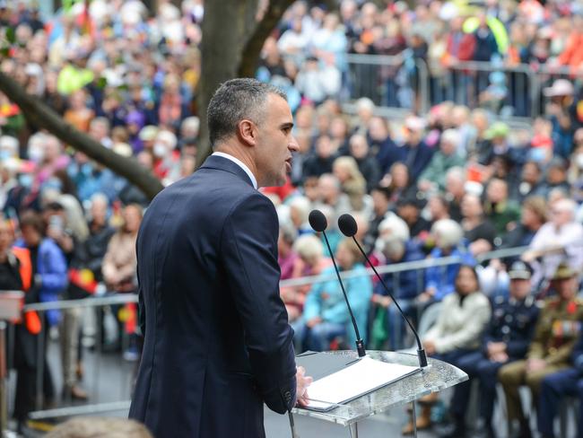 ADELAIDE, AUSTRALIA - NewsWire Photos MARCH 26, 2023: Premier Peter Malinauskas addresses the large crowd outside Parliament House after the Government of South Australia passes the nationÃs first Voice to Parliament. Picture: NCA NewsWire / Brenton Edwards