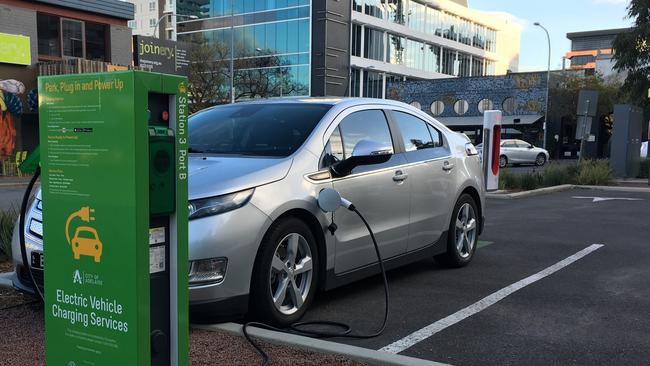 Adelaide City Council charging station for electric vehicles. The AEMC recommends moving quickly to take advantage of electric vehicles to benefit all consumers. Picture: Chris Russell