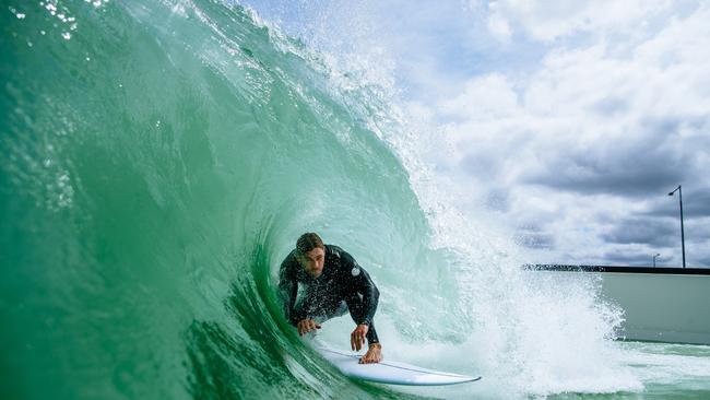 Chris Hemsworth testing out Melbourne’s surf park. Picture: Ed Sloane/UrbnSurf