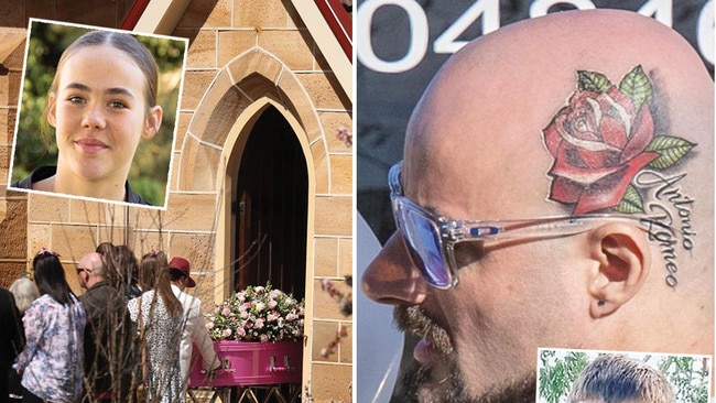 The funerals of Buxton crash victims Summer Williams, 14, left, and Antonio Desisto, 15, right in Picton and Leppington on Monday. Antonio's father revealed a tattoo in his son's honour. Pictures: Supplied/News Corp