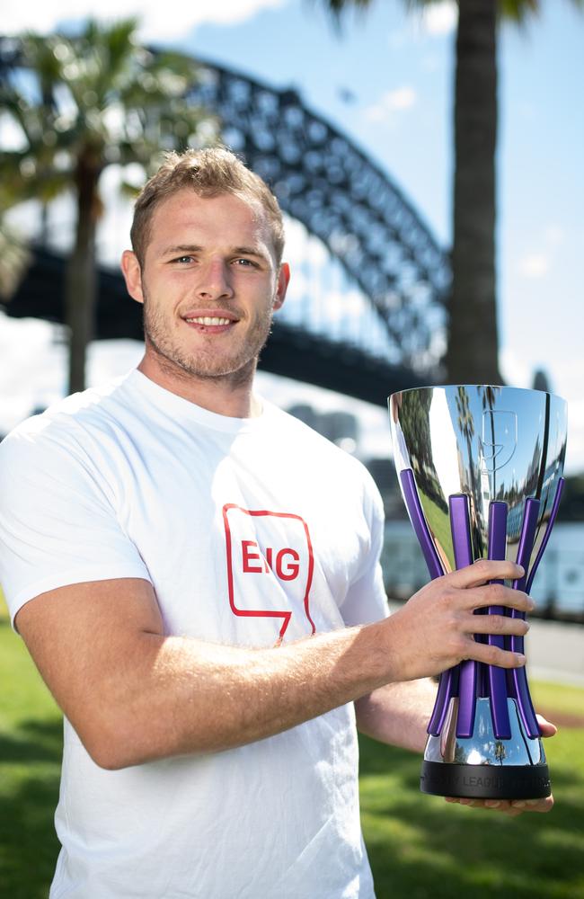 Tom Burgess promoting the rugby league World Cup Nines trophy in Sydney. Picture: James Gourley