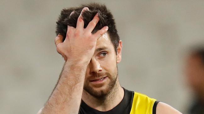 MELBOURNE, AUSTRALIA - JUNE 18: Trent Cotchin of the Tigers looks dejected after a loss during the 2020 AFL Round 03 match between the Richmond Tigers and the Hawthorn Hawks at the Melbourne Cricket Ground on June 18, 2020 in Melbourne, Australia. (Photo by Michael Willson/AFL Photos via Getty Images)
