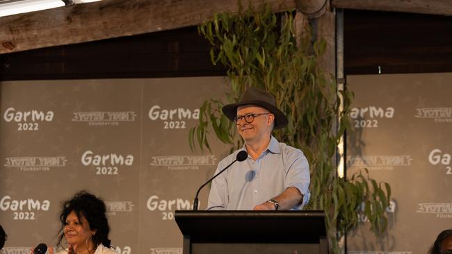 Australian Prime Minister Anthony Albanese speaks during the Garma Festival at Gulkula on July 30, 2022 in East Arnhem. Picture: Tamati Smith/Getty Images