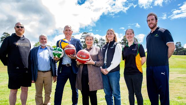 President of Basketball Glenorchy Sam Button, Football Tasmania President Bob Gordon, Sports and Events minister Nick Duigan, Glenorchy Mayor Sue Hickey, Elise Devereaux from Netball Tasmania, Marnie Stephenson from Basketball Tasmania and Kai Ibbotson from Volleyball Tasmania at the site of the new Glenorchy Sports Centre. Picture: Linda Higginson