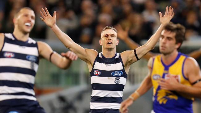 Joel Selwood of the Cats celebrates as the final siren after beating the Eagles in the First Semi Final on Friday night. Picture: Michael Willson/Getty Images