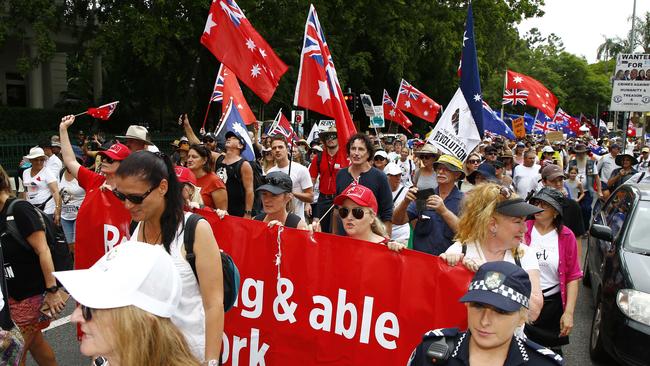 Protesters gathered outside the Queensland Parliament building in Brisbane. Picture: NCA NewsWire/Tertius Pickard