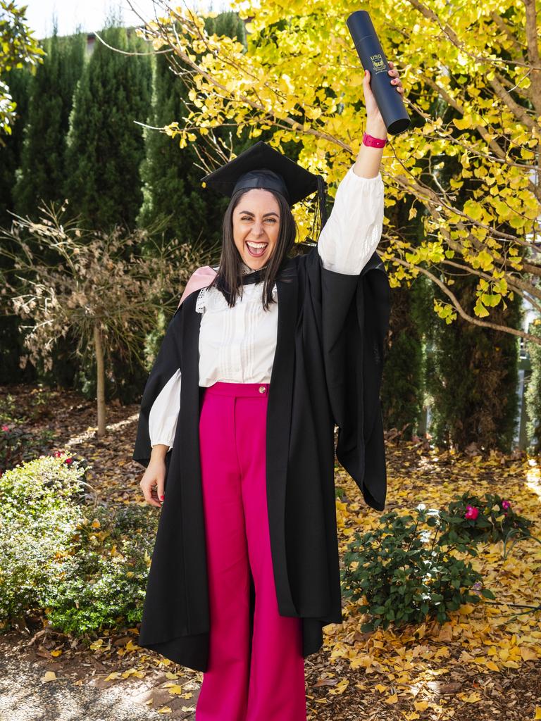 Aida Daher celebrates her Bachelor of Education (Primary) at a UniSQ graduation ceremony at Empire Theatres, Tuesday, June 27, 2023. Picture: Kevin Farmer