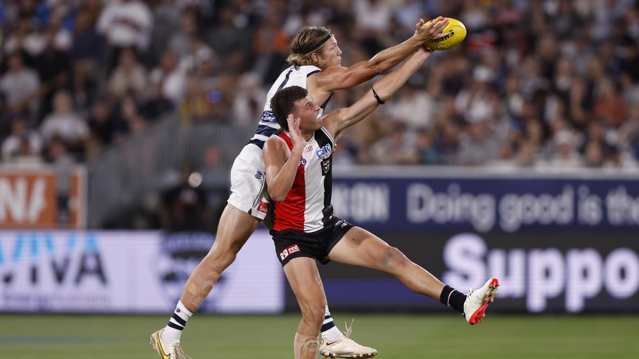 Rowan Marshall dominated his ruck battle with Rhys Stanley. Picture: Darrian Traynor/Getty Images