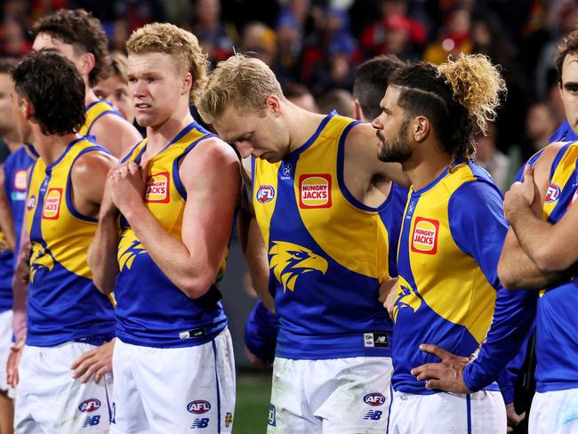 ADELAIDE, AUSTRALIA - JUNE 10: The Eagles after their loss during the 2023 AFL Round 13 match between the Adelaide Crows and the West Coast Eagles at Adelaide Oval on June 10, 2023 in Adelaide, Australia. (Photo by James Elsby/AFL Photos via Getty Images)