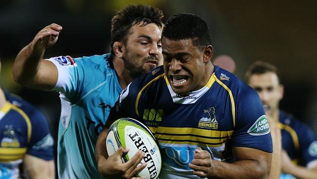 Scott Sio of the Brumbies runs the ball at GIO Stadium in Canberra.