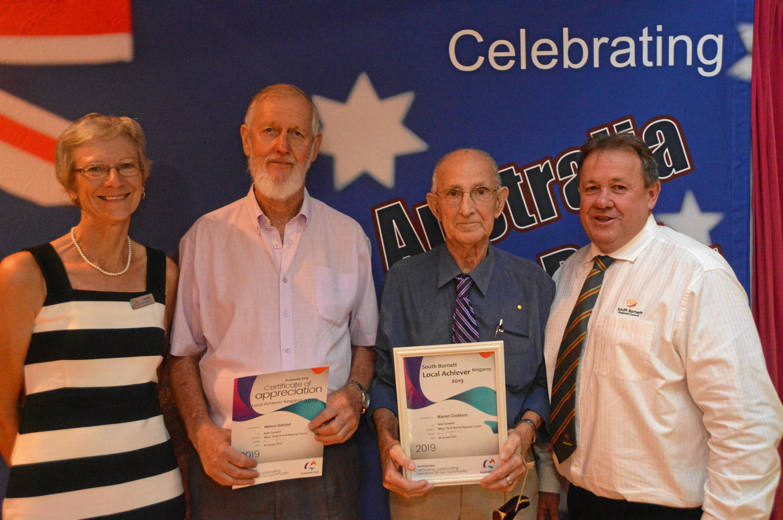 Winner of the Kingaroy local achiever award Earren Cockburn with nominee Nelson Dimond, Cr Ros Heit and Cr Gavin Jones at the South Burnett Australia Day awards 2019. Picture: Claudia Williams